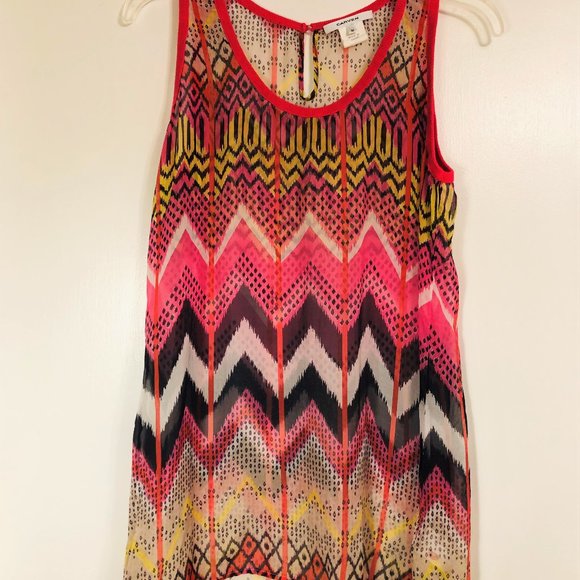 Vintage Carven Silk Chiffon Pink Print Knit Trim Long Sleeveless Top Oversized - Picture 2 of 12